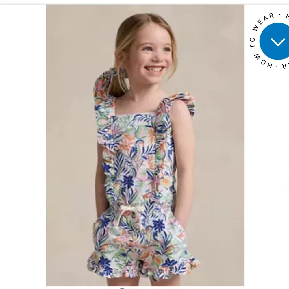 NWT Polo‎ Ralph Lauren Girls Tropical Print Ruffled Romper Multi-Color Summer